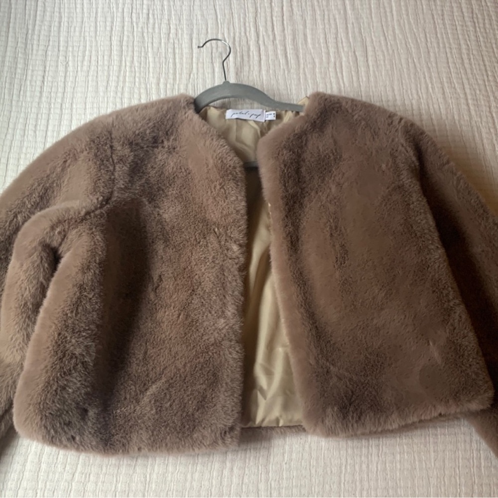 Petal & Pup Faux Fur Cropped Jacket in Taupe Brown